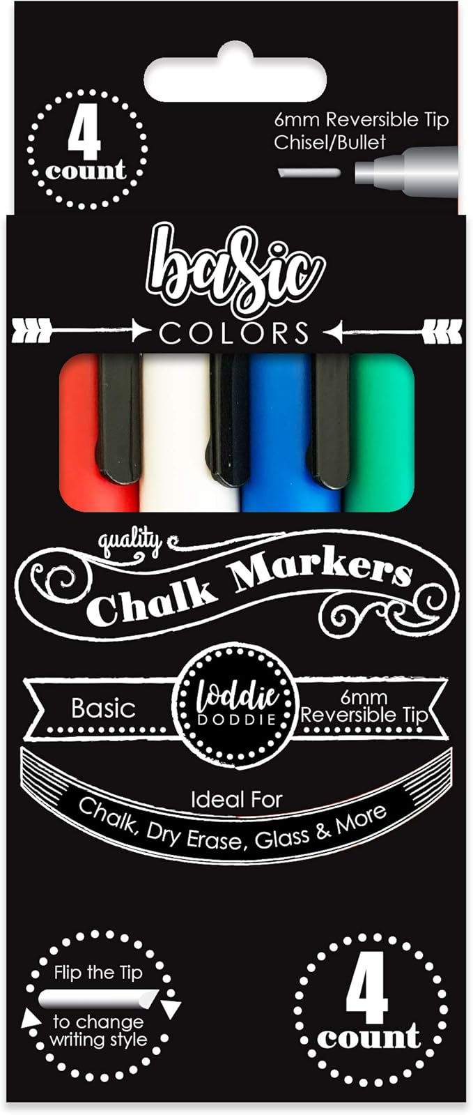 Loddie Doddie Liquid Chalk Markers - Pack of 4, Basic Colors, 6mm Tip - Washable Window Markers - Erasable Pens for Chalkboard Calendar - Fine Tip Chalk Pens for Precision Details