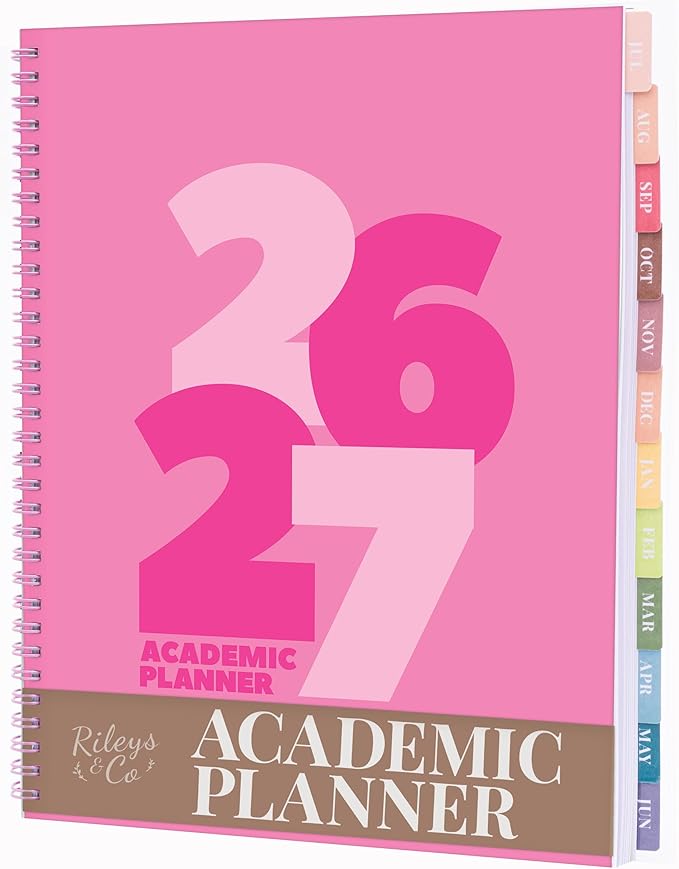 Rileys Academic Planner 2026-2027, Daily, Weekly & Monthly Planner, July 2026 - June 2027, Student Notes Pages, Twin-Wire Binding, Weekly Agenda for School & Work (8.5 x 11-Inches, Chunky, Pink)