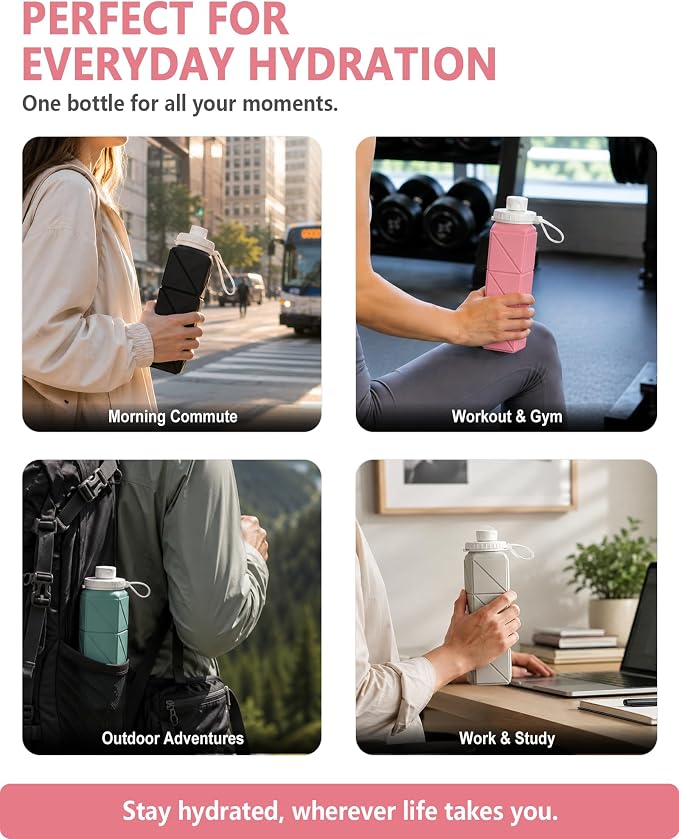 BEAUTAIL Collapsible Water Bottles 21oz/610mL, Silicone Travel Water Bottle | BPA Free, Leakproof & Reusable, Foldable Water Bottle for Traveling, Hiking, Cycling, Gym, School, Sports, Outdoor, 3-Pack