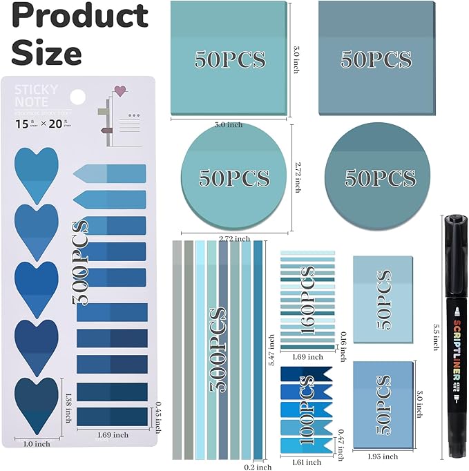Temiary 1160 Sheets Transparent Sticky Notes with Pen, 3 x 3 Inch Waterproof See Through Clear Sticky Note with Index Tabs Set for Annotating Journaling, Bible Study Book Annotation (Blue)