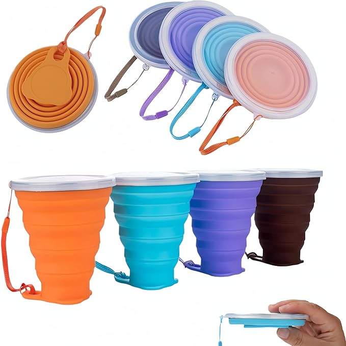 4Pack 270ml/9oz Travel Cup Stainless Steel Silicone Retractable Folding Cups Telescopic Collapsible Coffee Cups Outdoor Sports Water Cup Camping Cup with Lids