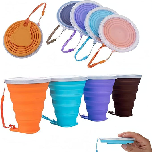 4Pack 270ml/9oz Travel Cup Stainless Steel Silicone Retractable Folding Cups Telescopic Collapsible Coffee Cups Outdoor Sports Water Cup Camping Cup with Lids
