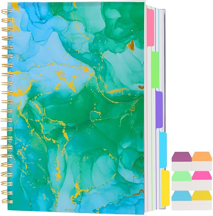 5 Subject Notebook College Ruled, A5 Spiral Notebook with Removable Pocket Dividers Tabs, Lined Organizer Notebook Journal for Women, 240 Pages Notebooks for Work School Note Taking, Green Marble