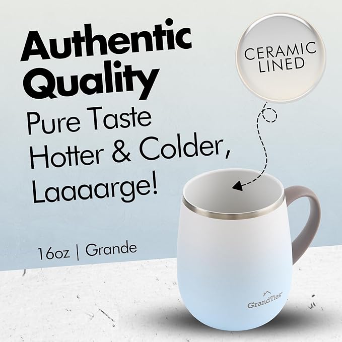 GRANDTIES 16oz Ceramic-Lined Insulated Coffee Mug with Sliding Lid, Wine-Glass Shape Thermal Tumbler with Double Walled Vacuum to Keeps Beverages Hot or Cold (Frosted Glacier)