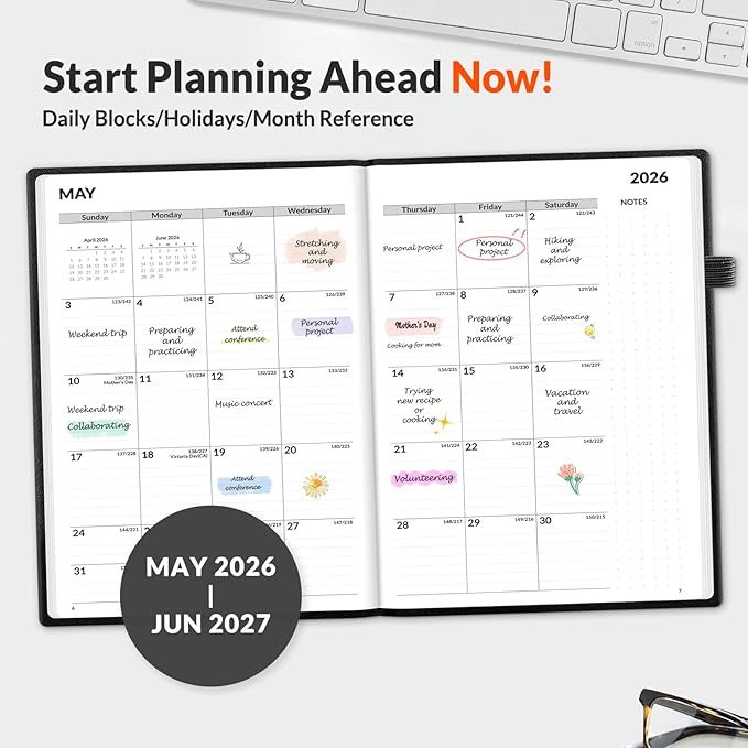 SUNEE 2026-2027 Weekly & Monthly Hardcover Planner 5.5" x 8.3" - 12 Month (July 2026 - June 2027), Small Academic Year Calendar Planner, Pocket, Notes, 100 GSM Paper, Black