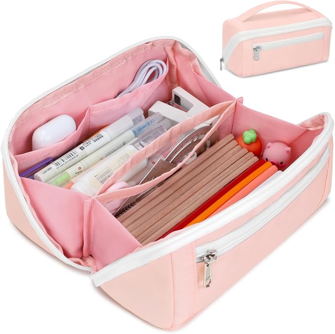 Large Capacity Pencil Case - Pencil Pouch for Teen Girls, Aesthetic Pouch Organizer with 8 Compartments, Wide Opening Marker Bag for Middle High School College, Fits Calculator, Pink