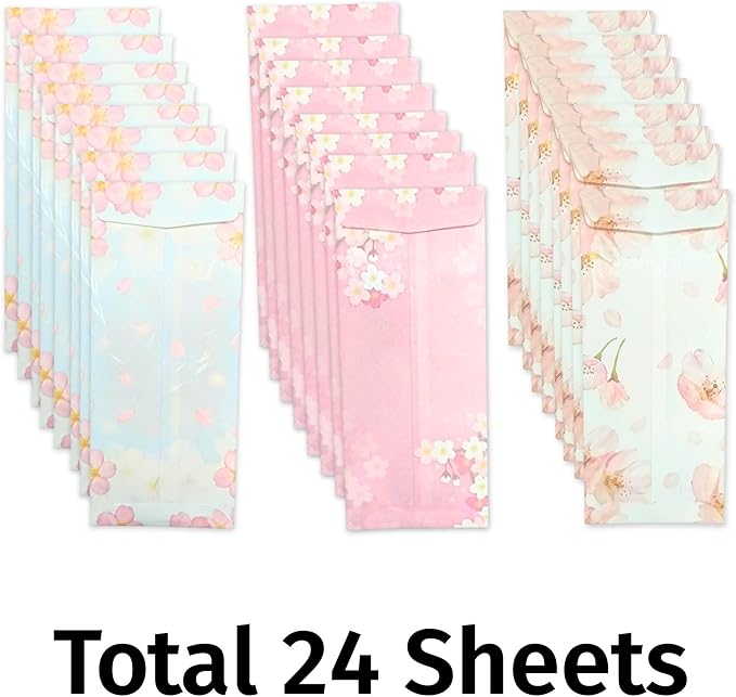 Japanese Cherry Blossom Envelopes 24 Pack (8 Pack x 3 Different Design Set), Made in Japan, Elegant Washi Paper, Self Sealing, Sakura
