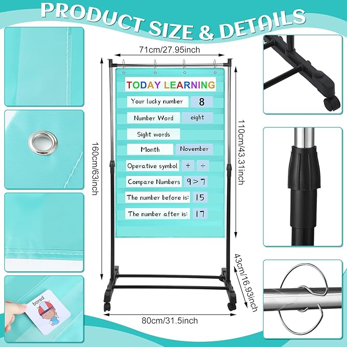 8 Pcs Adjustable Pocket Chart Stand Set Include 1 Standard Pocket Chart 6 Replacement Rings and 1 Adjustable Stand for Classrooms Home Teacher Lessons Educational Tools(Green)
