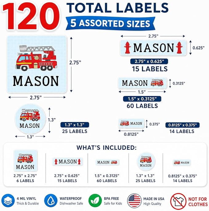 Andaz Press Custom Personalized Waterproof School Name Labels, Fire Truck, 120-Pack, Kids Labels Combo Pack, Customizable Multi-Use Name Stickers for Preschool, Daycare, Supplies, Office, Camping