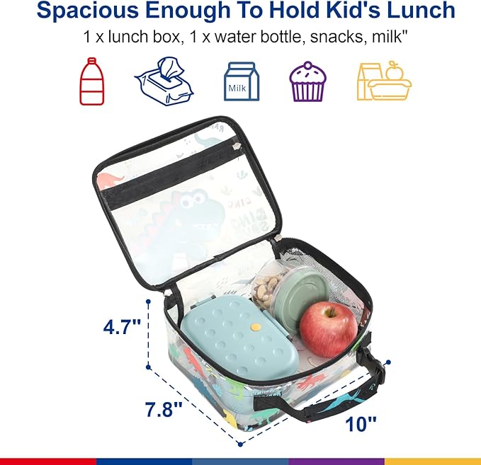 Bagseri Clear Kids Lunch Bags - Boys Lunch Box for School Reusable Snack Bag with Water Bottle Holder Stadium Approved Clear Bag, Black Cute Dinosaur