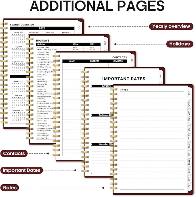 Planner 2026-2027, 6.3" x 8.5" Weekly and Monthly Academic Year Planner Calendar, July 2026 - June 2027, Hardcover Large School Planning Agenda With Tabs, Perfect for School & Office Supplies, A5, Burgundy
