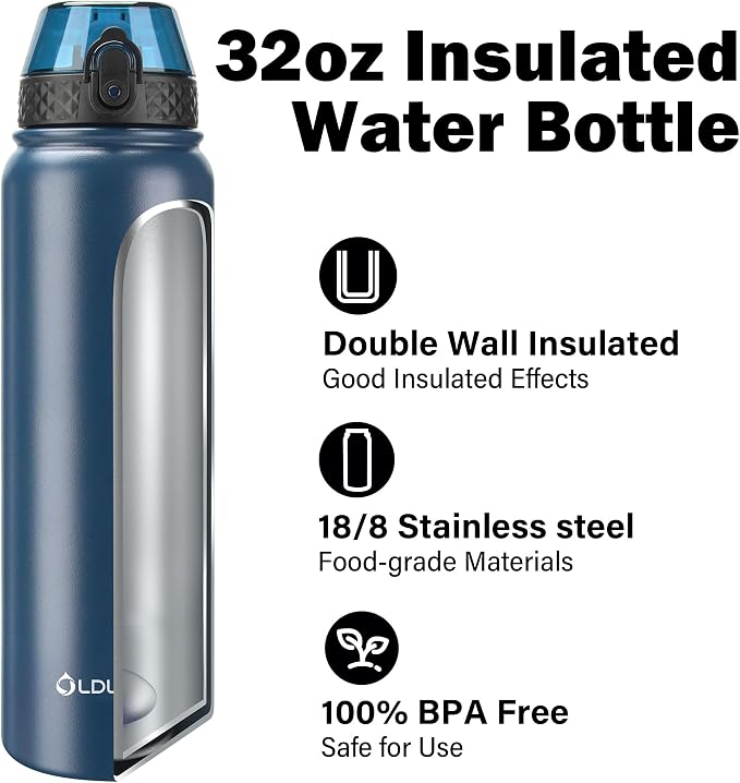 Oldley Insulated Water Bottle 32oz Water Bottles with Straw, Stainless Steel Water Bottle with 3 Lids, Double Wall Vacuum Bottels for Adults Kids,Leak-Proof Sport Bottles for School Travel, Navy Blue