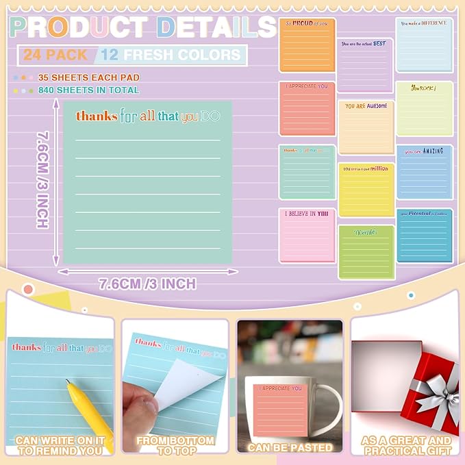 Yinder 12 Pcs Inspirational Sticky Notes Cute Motivational Sticky Notes Pad End of Year Employee Appreciation Gifts Bulk for Teacher Nurse Coworkers Office Supplies 3 x 3'' (Appreciation,Light)