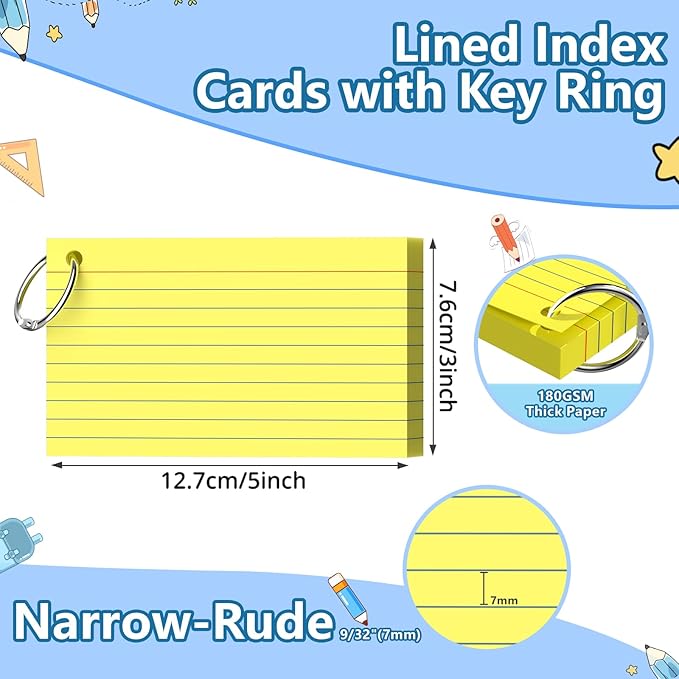 Index Cards 3x5 Inch With Ring, 300 Count, Ruled Yellow Index Card, 180GSM Flash Cards College Ruled for Students, Teachers, Study Note Card for Office, Home, School, Office