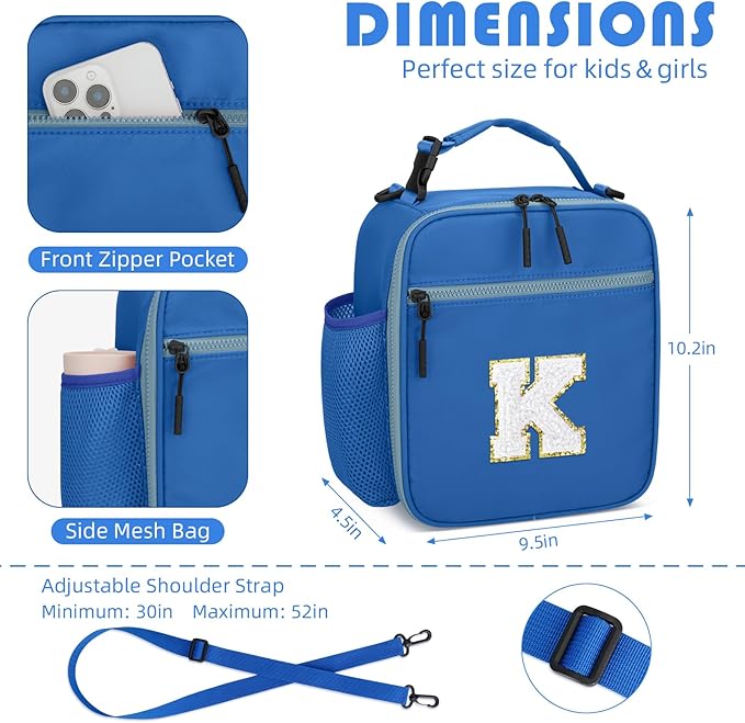 Initial Insulated Lunch Bag for Boys Kids, Back to School Gift, Reusable Leak-proof Lunch Box with Adjustable Strap for School Daycare Travel Picnic（Blue，K）