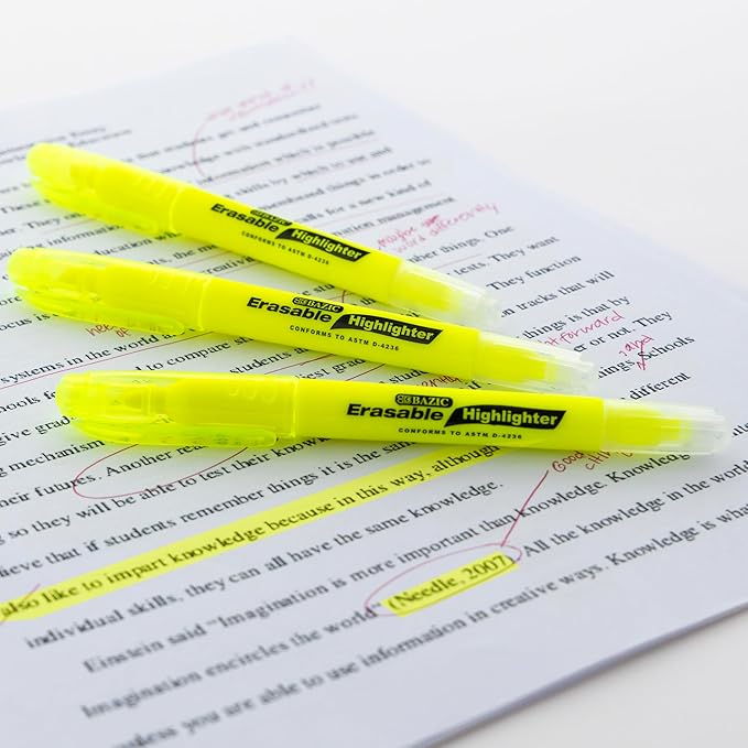 BAZIC PRODUCTS Erasable Highlighter, Chisel Broad Line Fine Point Highlighters, Unscented Highlighting Coloring Erase Marker (3/Pack), 144-Packs