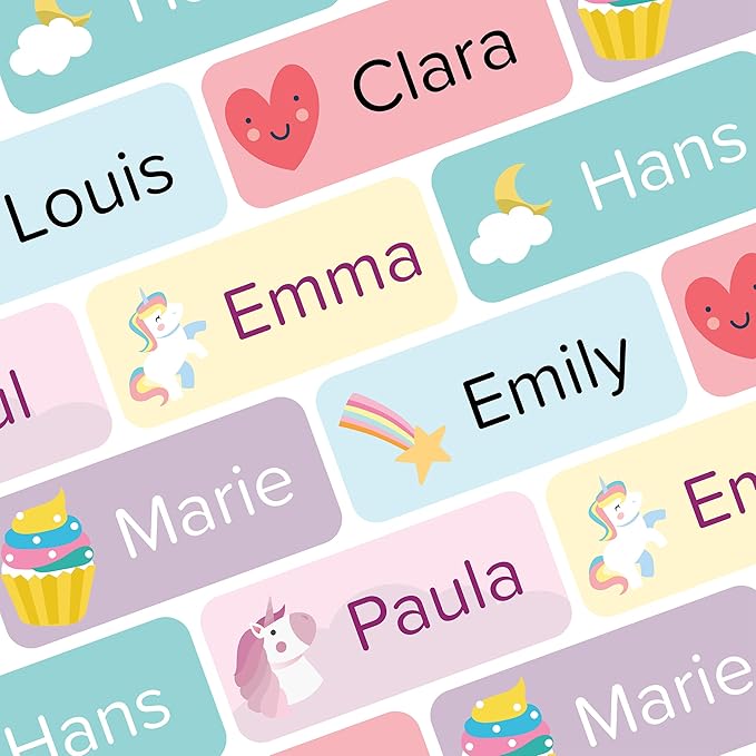 Name Labels for Kids (120 pcs) - Custom Waterproof Stickers for Daycare, Office and School Supplies (Unicorn)