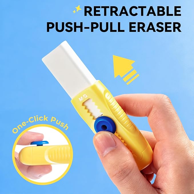 M&G 1+1 Pack Yellow Sliding Retractable Cute Eraser Set, Refillable Soft Large Rubber Eraser with Sleeve for Kids Students School Office Supplies