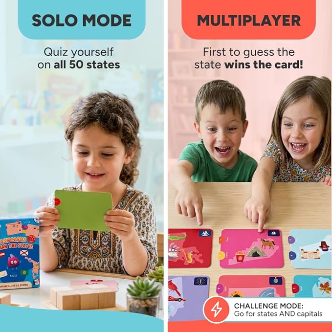 Kidrox Flashcards: Learn the 50 U.S. States – Pull-Tab Geography Game for Kids Ages 6+ | State Maps, Flags & Capitals | Includes U.S. Map Poster