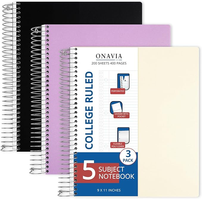 ONAVIA 5 Subject Spiral Notebook, 3 Pack, College Ruled, 9 x 11 in, 200 Sheets Each, Poly Cover School Notebooks for Study, Homework and Test Prep, Black, Purple, Beige