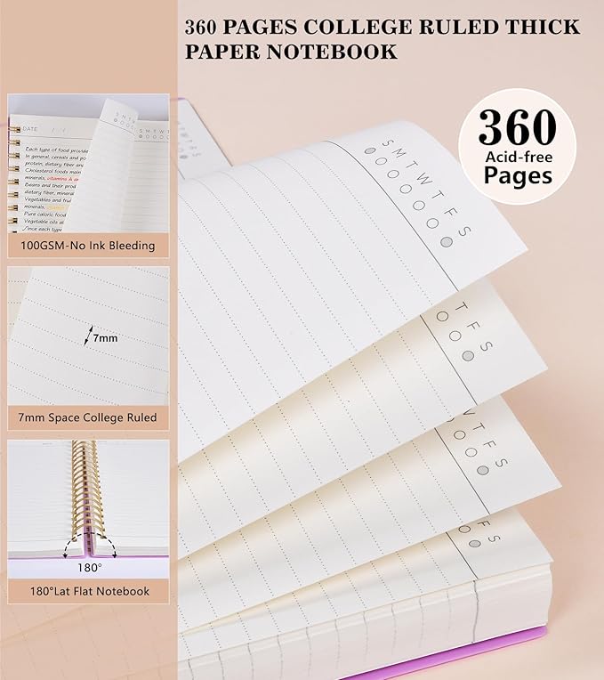 MUAHLIUB Spiral Notebook Journal College Ruled 8.5''x 11'', 360 Pages Lined Thick Journals for Women Men, A4 Large Writing Spiral Journal with 100GSM Paper, Spiral Notebooks for Work, School Purple
