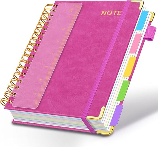 Hardcover Spiral Notebooks for Work 6.2"x 8.2", 300 Pages 5 Subject Notebook with Dividers & Tabs, A5 Spiral Journal for Women, College Ruled Notebook for School Note-Taking (Rose Purple)