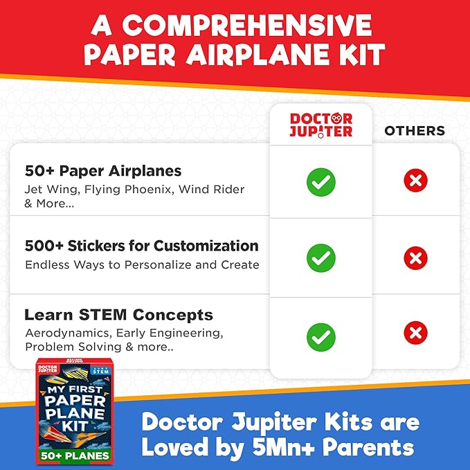 Doctor Jupiter My First Paper Airplane Book Kit for Kids Ages 4+ | Travel Toy Activities for 6-7-8-9-10 Year Old Boys & Girls | Make & Fly 50+ Paper Airplanes with 500+ Stickers