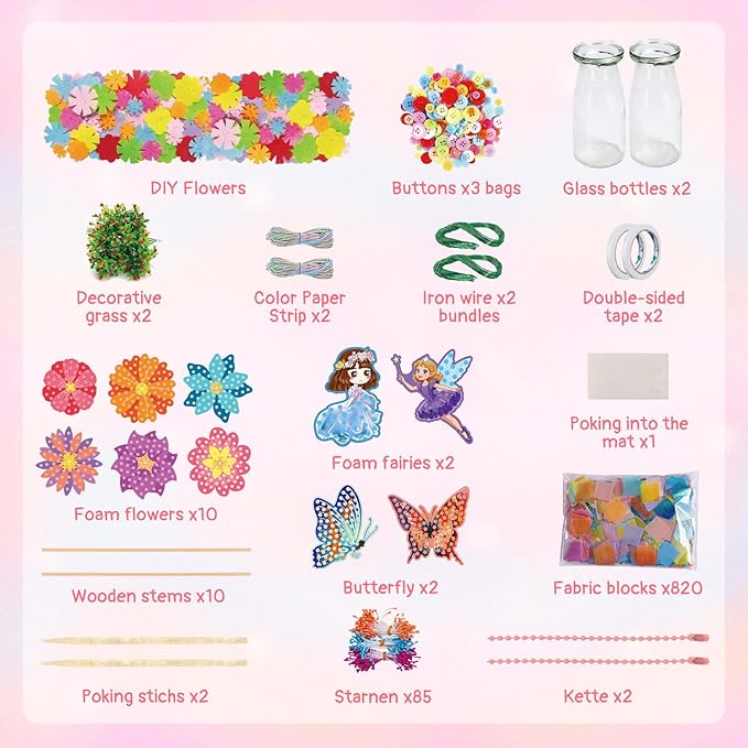 Mostop Poke-in Art Flower Bouquet DIY Craft Kit for Girls Age 4-5 6-7 8-12, Mess-Free Button Felt Flower Making Set, Creative Activity Educational Birthday Gift Toys for 6-8 8-10 Year Old Kids