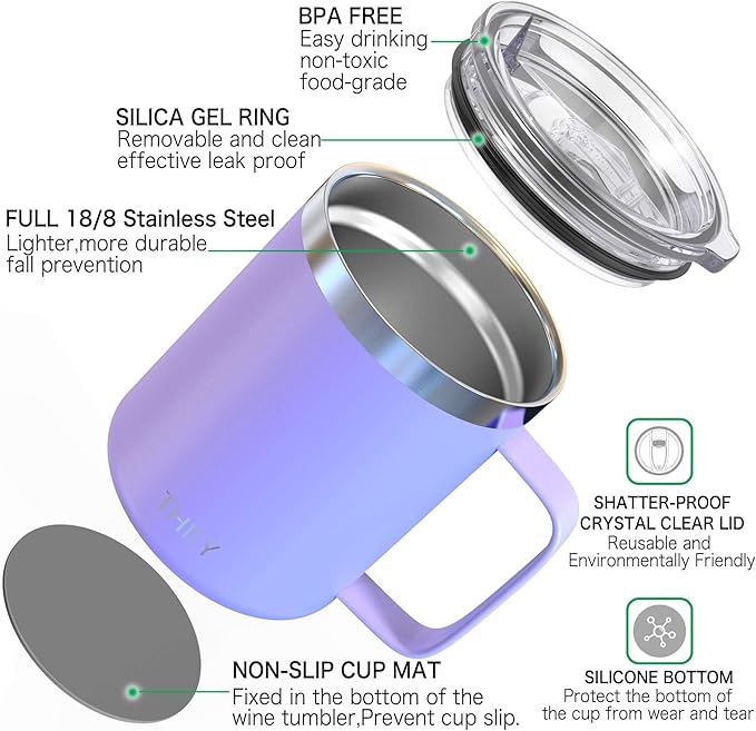 THILY Stainless Steel Insulated Coffee Mug 12 oz Triple-Insulated Travel Cup with Handle and Spill Proof Lid, Keep Coffee Cold or Hot Hours, Powder Coated, Matte Lavender