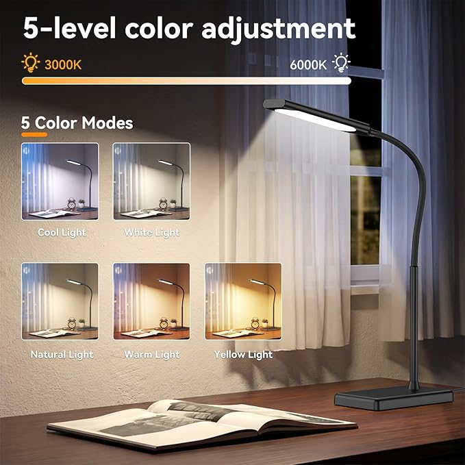 LED Desk Lamp 12W Touch Control Desk Lamp with USB Charging Port 5 Color Modes 6 Brightness Levels Eye-Caring Office Lamp with Memory Function 1h Timer Adjustable Neck Table Lamp