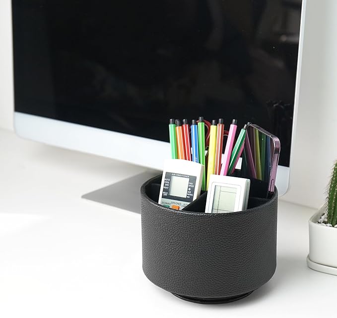 Round Leather Art Supply Organizer,Remote Control Holder,360 Degree Spinning,Multi-Functional Pencil Holder,4 Compartments Desktop Stationary Organizer(1-Lichee Black)