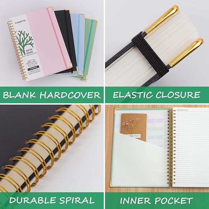 VANRTTO Hardcover Spiral Notebook With Removable Divider Tabs, B5 Notebooks College Ruled, 110 GSM Thick Lined Paper 5 Subject Notebooks for Work, School, 300 Pages Journals for Writing Black B5DT