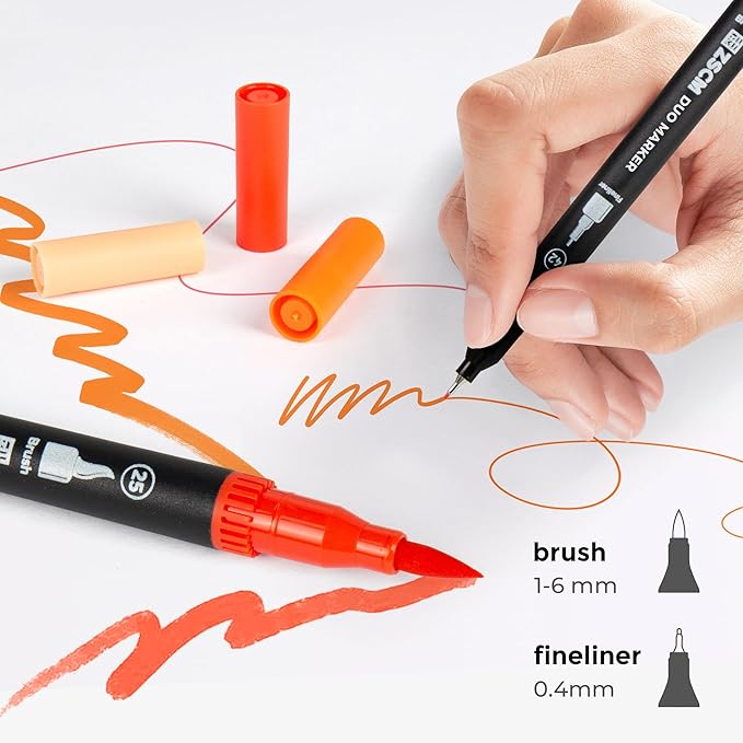 ZSCM Orange Duo Tip Marker Pens, 12 Pack Fine & Brush Markers for Adult Coloring Books No Bleeding, Sunset Orange Markers for Autumn Scenes, Citrus Fruits, Vibrant Fills and Energetic Artworks