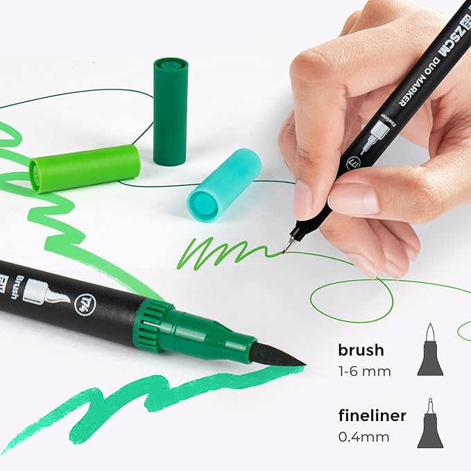 ZSCM Green Duo Tip Marker Pens, 12 Pack Fine & Brush Markers for Adult Coloring Books No Bleeding, Nature Green Markers for Foliage, Landscape Drawings, Botanical Illustrations and Eco Designs