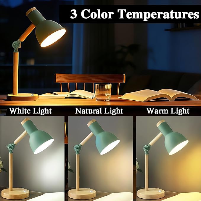 Desk Lamp, LED Desk Lamps for Home Office, Eye-Caring Desk Light, 3 Color Modes Reading Light, Wood Table Lamps with Flexible Arm, Study Lamp for Bedside College Dorm Room Essentials (Green Lamp)