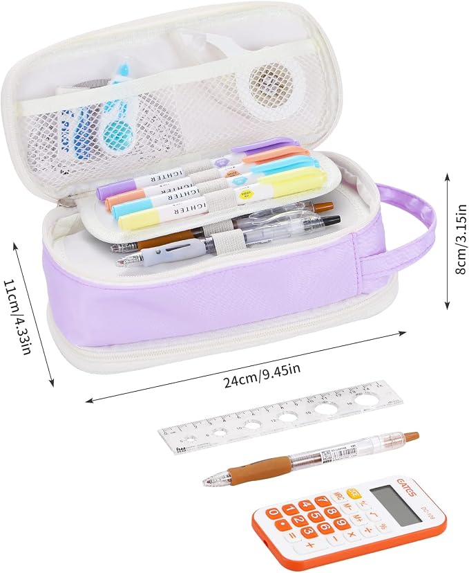 Dugio Large Pencil Bag for Girls School Organizer Pencil Case Big Purple | Teens Kids Zipper Pencil Pouch Aesthetic Pencil Box for School Supplies, Wear-resistant Fabric, Thick Multi-layer Fabric