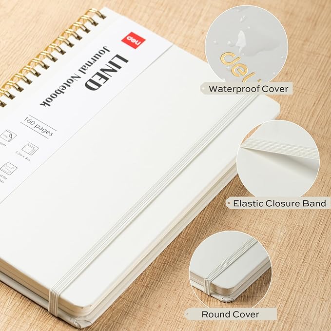 deli Beige Lined Spiral Journal Notebook, 160 Pages, A5 (5.5"x8") Hardcover Writing Notebook, College Ruled Spiral Bound Journal for Women & Men - Perfect for Work, School, Office & Note Taking