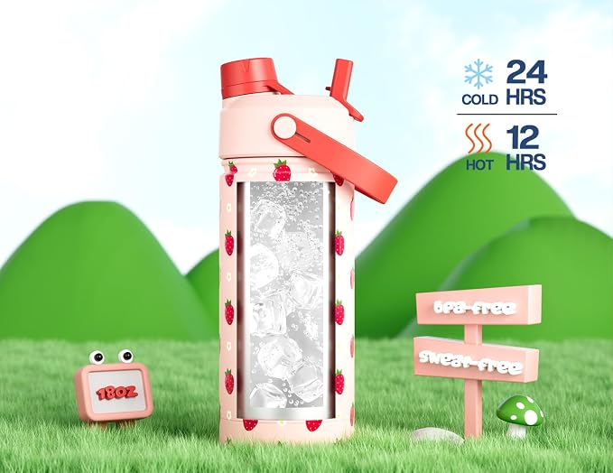 18 oz Kids Metal Water Bottle: 2-in-1 Straw Spout Lid, Spill-Proof, Easy Clean, Keep Cold 24H, Backpack Friendly, BPA-Free Stainless Steel Cup for School, Daycare, Playtime, Gift (Strawberry Daisy)