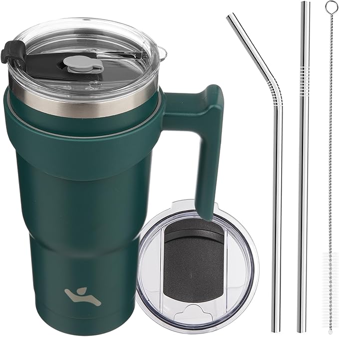 Konokyo 20 oz Tumbler with Handle and 2 Straw 2 Lid, Insulated Water Bottle Stainless Steel Vacuum Cup Reusable Travel Mug,Army Green