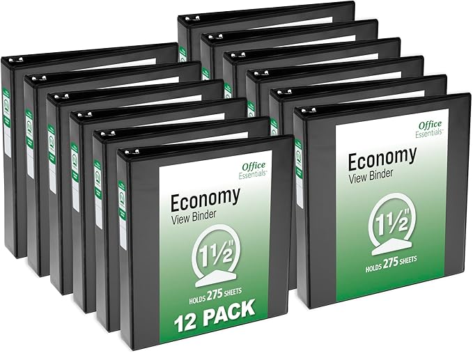 Office Essentials Economy View 3 Ring Binders, 1.5" Round Rings, 2.1" Spine, 275-Sheet Capacity, Black Binders (12-Pack of 03427)