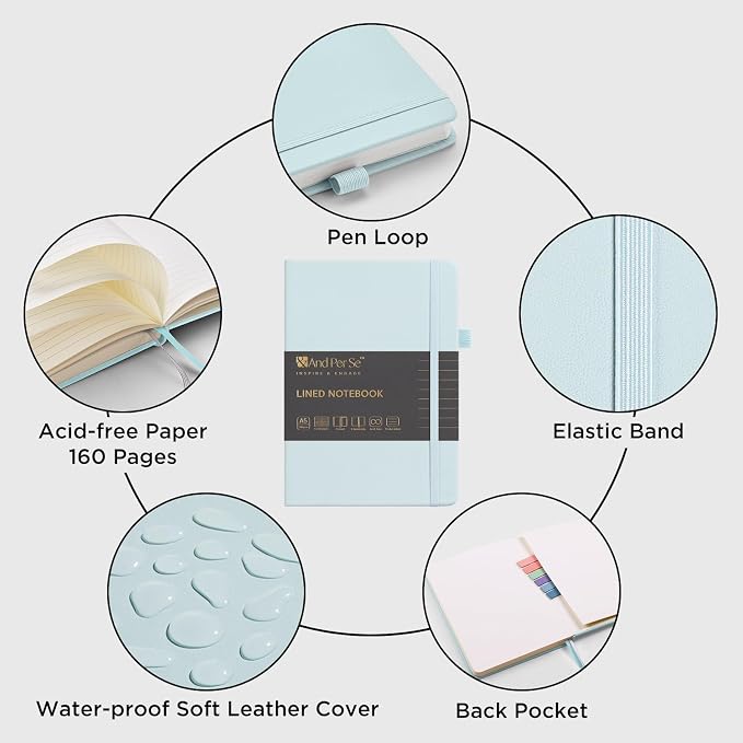 &And Per Se Lined Journal with Pen Set, A5 Leather Hardcover Notebook and Pen, 160 Pages 100GSM Thick Ruled Paper Journal for Writing (Cyan)