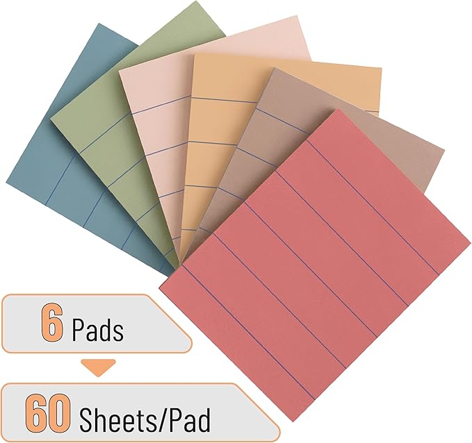 Mr. Pen- Small Lined Sticky Notes, 1.5" x 2", 6 Pads, 60 Sheets/Pad, Vintage Color, Small Sticky Notes with Lines, Ruled Post Stickies, Memo Pads, Self-Stick Note Pad for Office, School, Home, Study
