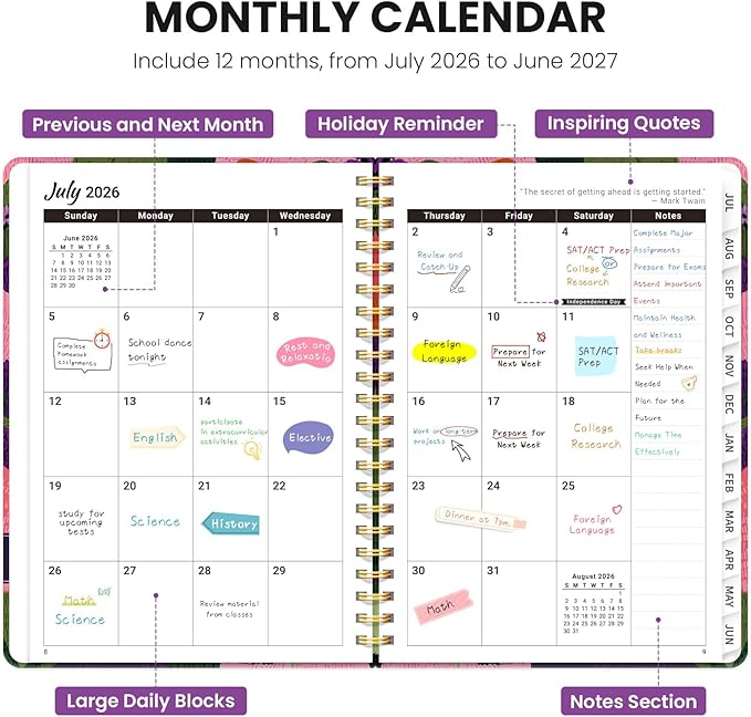 Planner 2026-2027, Hardcover Monthly and Weekly Academic Planner July 2026 - June 2027, Teacher and Student Calendar Agenda Book with Tabs, A5 (6.3" x 8.5"), Ideal for School and Office, Feline Grove