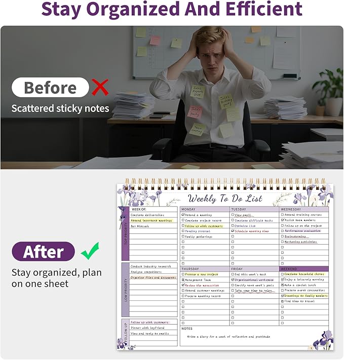 104 Pgs Weekly To Do List Notepad, 52 Duplex-Printed Undated Sheets 100 GSM（8.5"×11") Weekly Desk Planner For Work Home School Office Desk Accessories Supplies & Goal Setting Tasks - Purple Iris