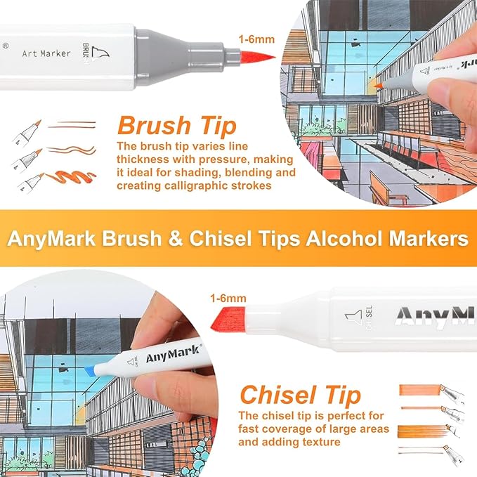 AnyMark Alcohol Markers Brush Tip, 168+1 Colors Dual Tip Brush & Chisel Alcohol-Based Art Markers Set with Case for Adult Artists Drawing Coloring
