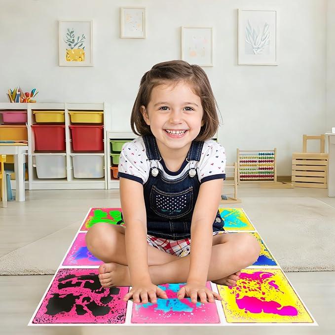 Sensory Liquid Floor Tiles for Kids: Liquid Fusion Activity Mpack with 9 One-Piece Glue-Free Sealing - Autism Toddler Must Haves Educational Sensory Water Play Mats Indoor（12x12inch）