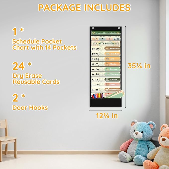 AKAYOK Boho Daily Schedule Pocket Chart, 13+1 Pocket Visual Schedule for Kids, Includes 24 Reusable Dry-Erase Cards, Daily Planner with Hourly Schedule for Classroom, Office, Home, School Activities