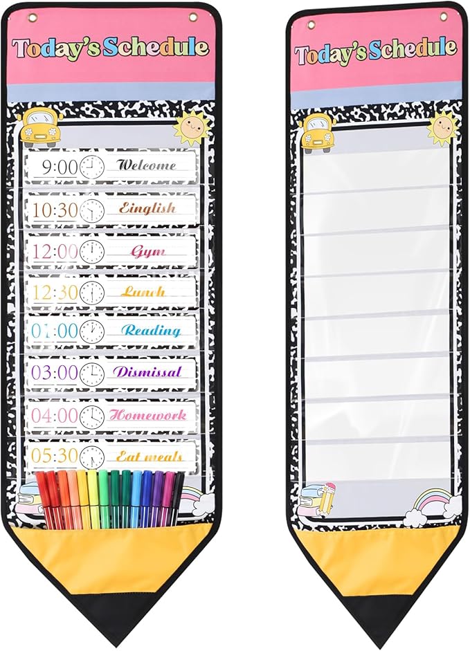 Marspark Daily Schedule Pocket Chart 8+1 Classroom Visual Schedule with Dry Eraser Card Reusable Reversible Chart Welcome Back to School Decorations for Classroom Home Office School Activity