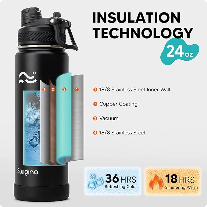 Swigina Insulated Water Bottle with Silicone Boot (36hrs Cold/18hrs Hot) - DIY Stickers, Leakproof, BPA Free, Black, 24 oz [2-IN-1 LID]