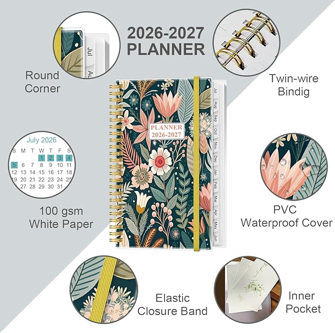 2026-2027 Pocket Planner/Calendar - 2026-2027 Planner from July 2026 - June 2027, Planner 26-27 with 12 Tabs, Twin-Wire Binding, Inner Pocket, 3.75" x 6.75", Flower-B